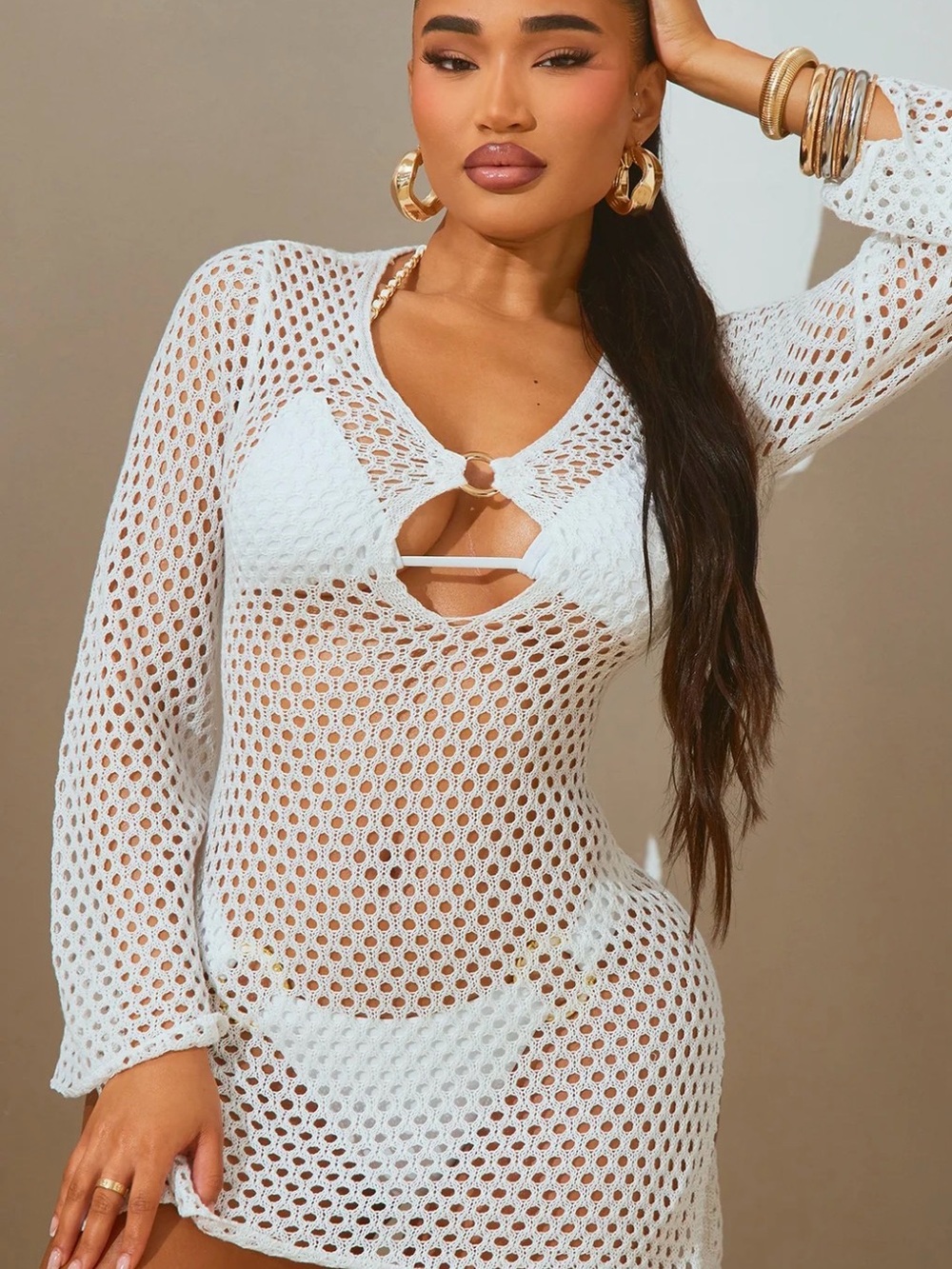 Fashion Nova White Crochet Mesh Swim Cover-Up Dress